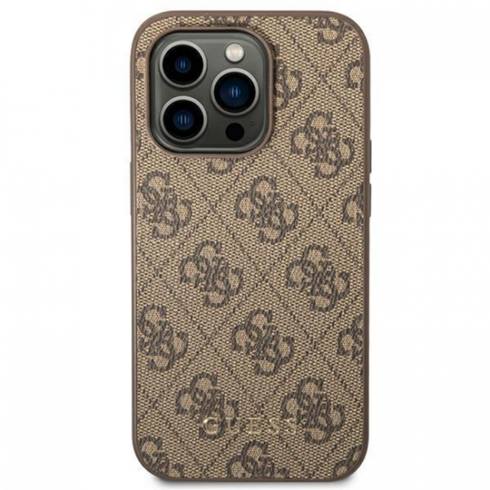 Guess - GUESS iPhone 14 Pro Skal Saffiano Metall Gold Logo - Brun