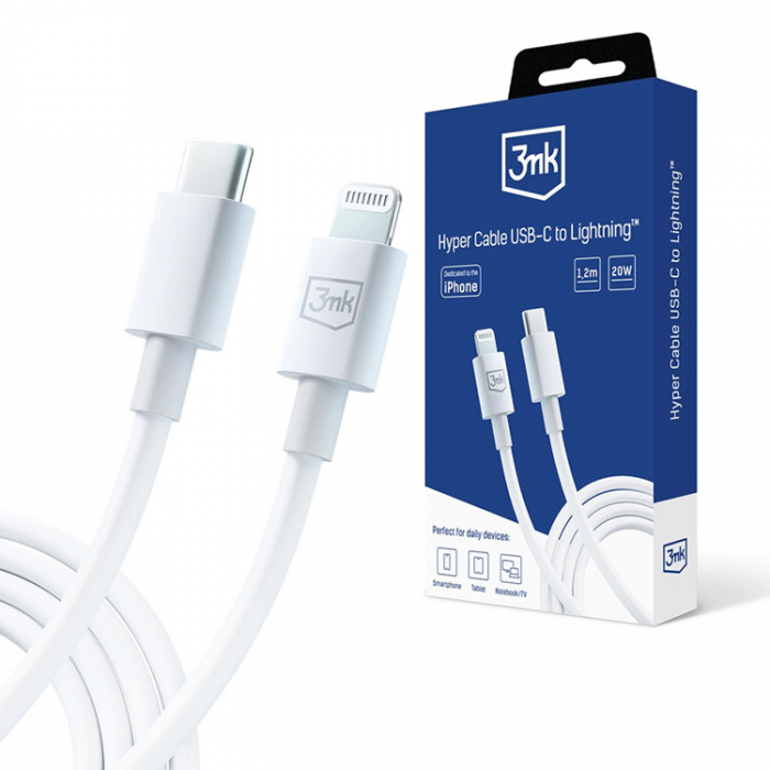 3MK - 3mK Hyper USB-C till Lightning kabel 20W 1.2m - Vit