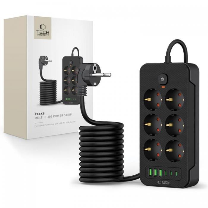 Tech-Protect - Tech-Protect Power Socket 3x USB/3x USB-C/6 Sockets 200Ccm - Svart