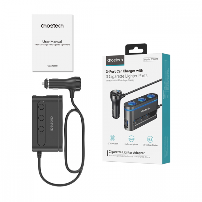 Choetech - Chotech Billaddare 2x USB-C/2x USB-A Cigarettndaruttag 3x - Svart