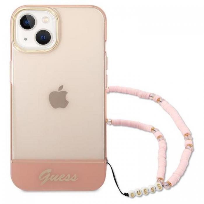 Guess - GUESS iPhone 14 Plus Skal Translucent Pearl Strap - Rosa