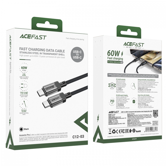 Acefast - Acefast C12 USB-C/USB-C PD 60W 1.2m Kabel 480Mb med Nylon Braid