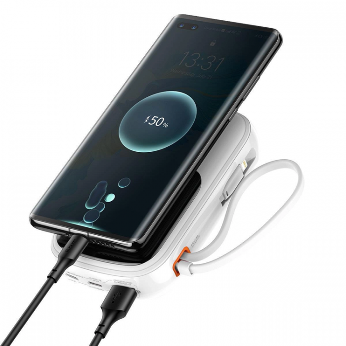 BASEUS - Baseus Powerbank Qpow 10000mAh 20W med Inbyggd Lightning Kabel - Vit