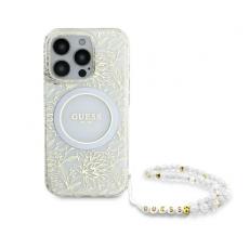 Guess - Guess iPhone 16 Pro Mobilskal MagSafe IML Flowers Med Strap - Vit