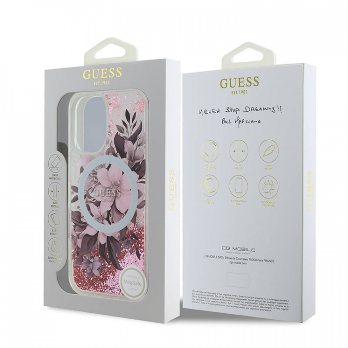 Guess - Guess iPhone 16 Mobilskal MagSafe Liquid Glitter Flower