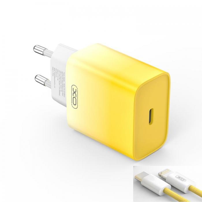 XO - XO Snabbladdare 30W USB-C med Lightning Kabel CE18 PD Gul/Vit