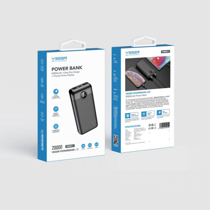 Veger - VEGER Powerbank 20000 mAh PD QC 3.0 2A 20W L20S - Svart