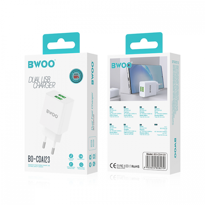 BWOO - BWOO Vggladdare 2xUSB-A 5V 2.4A - Vit