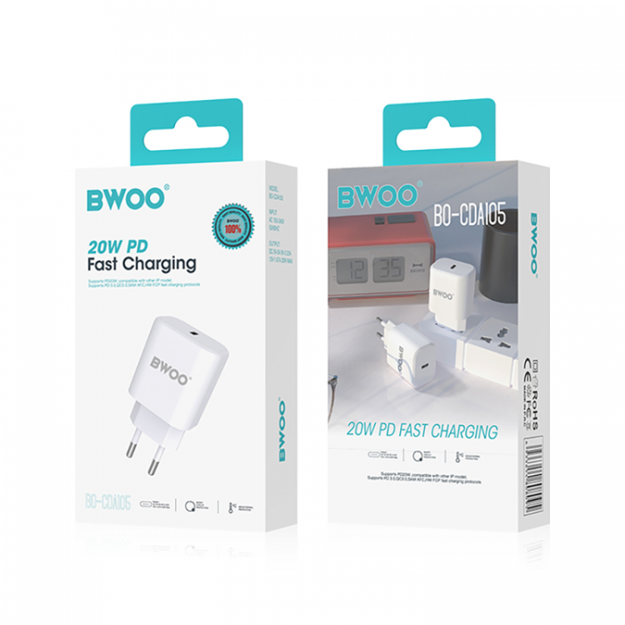 BWOO - BWOO Vggladdare 20W USB-C BO-CDA105 - Vit