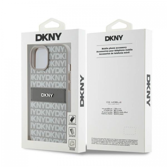 DKNY - DKNY iPhone 15/14/13 Mobilskal Lder Mono Stripe & Metal Logo - Beige