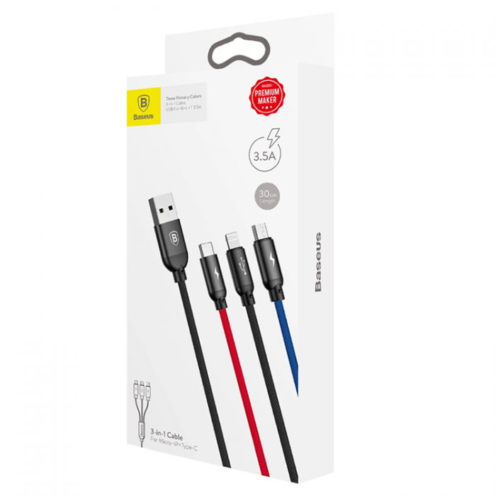 BASEUS - Baseus 3in1 USB-A till USB-C, Lightning, microUSB kabel 3.5A 0.3m