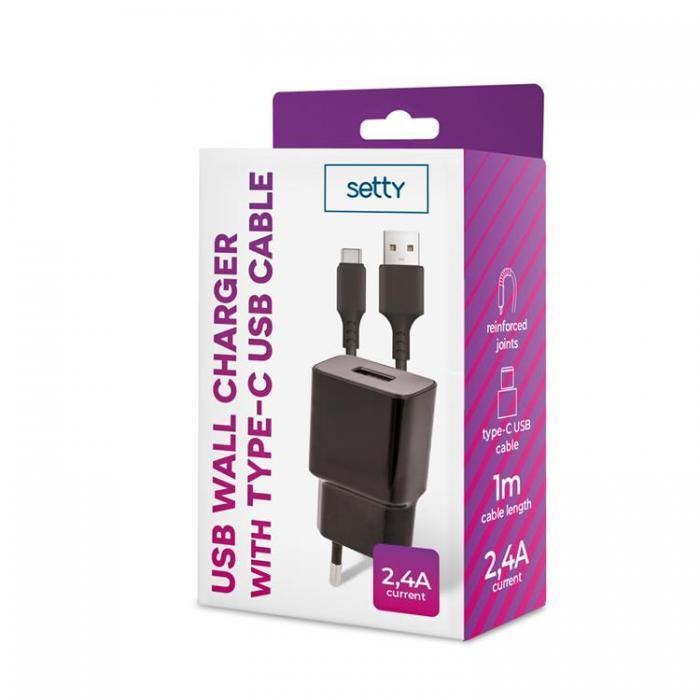 Setty - Setty Vggladdare USB 2.4A med USB-C 1m Kabel NEW - Svart