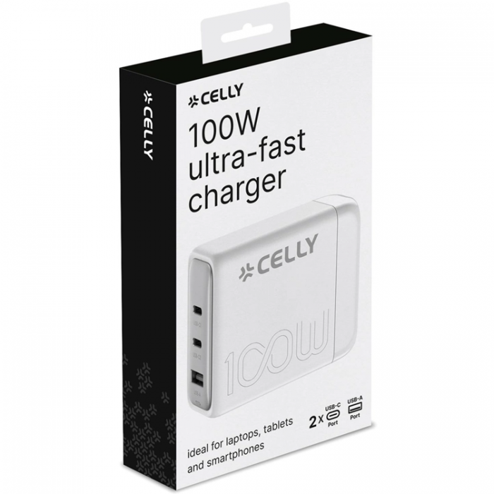 Celly - Celly 1 x USB-A + 2 x USB-C Kraftverk (100W) - Vit