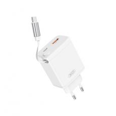 XO - XO Snabbladdare 30W 1xUSB-C 1xUSB-A med Infällbar USB-C kabel - Vit