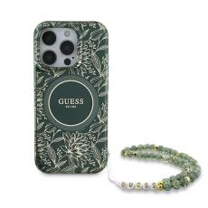 Guess - Guess iPhone 16 Pro Mobilskal MagSafe IML Flowers Med Strap - Grön