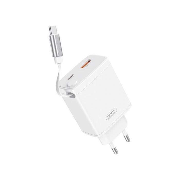 XO - XO Snabbladdare 30W 1xUSB-C 1xUSB-A med Infllbar USB-C kabel - Vit