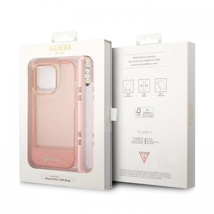 Guess - GUESS iPhone 14 Pro Skal Translucent Pearl Strap - Rosa