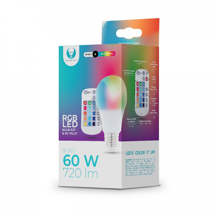 Forever Light - Forever Light LED Gldlampa E27 A60 RGB + Vit 9W + RC