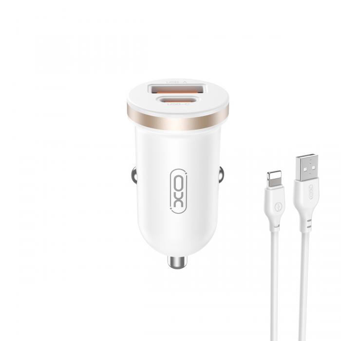 XO - XO Billaddare 30W 1x USB 1x USB-C + Lightning Kabel CC56 - Vit