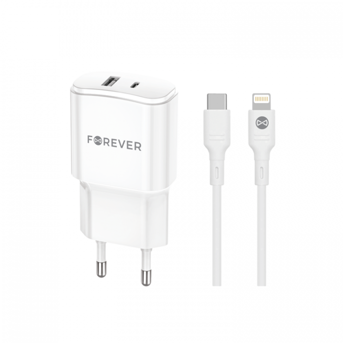 Forever - Forever Vggladdare USB/USB-C 20W med Lightning Kabel QC PD