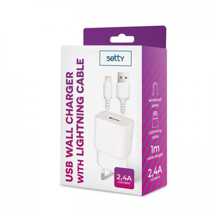 Setty - Setty Vggladdare USB med Lightning Kabel 1m 2.4A - Vit