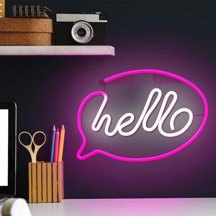 Forever Light - Forever Light LED Neon HELLO Bat FLNE15 + USB - Rosa/Vit