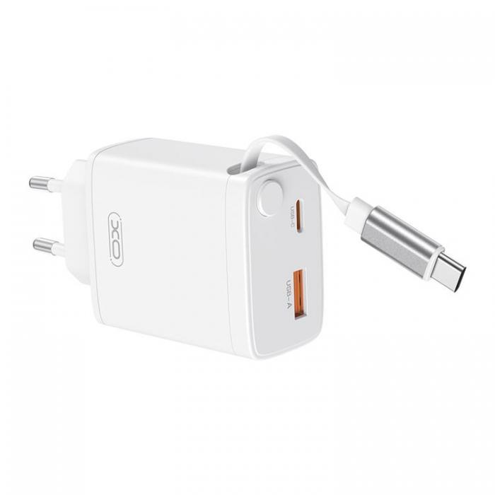 XO - XO Snabbladdare 30W 1xUSB-C 1xUSB-A med Infllbar USB-C kabel - Vit