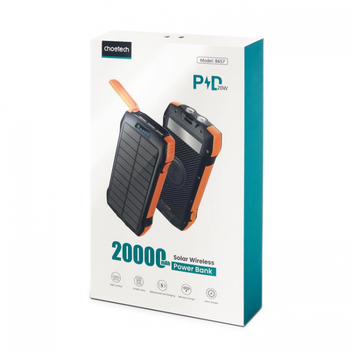 Joyroom - Choetech Solar Powerbank 20000mAh PD 20W/QC 18W/Qi 10W - Orange