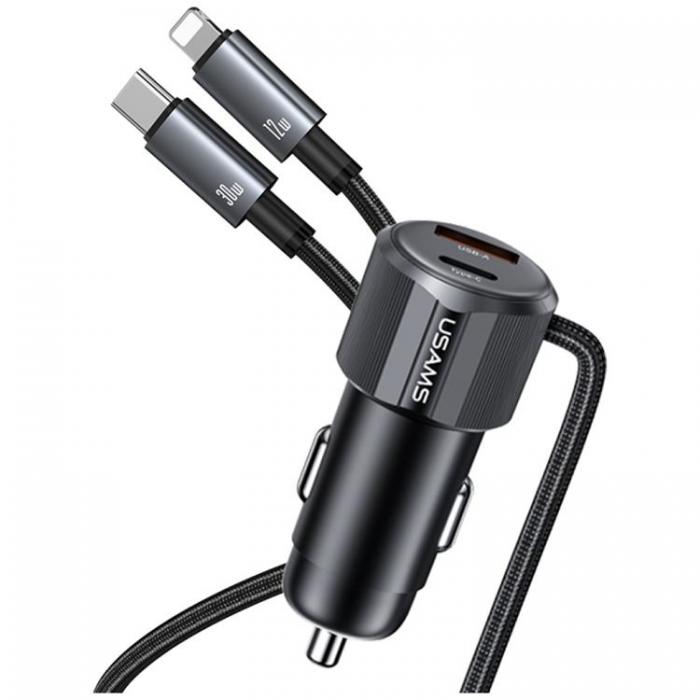 USAMS - USAMS Billaddare 66W 1xUSB-A 1xUSB-C Med USB-C/Lightning Kablar