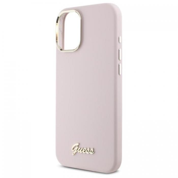 Guess - Guess iPhone 16 Plus Mobilskal Silikon Script Metal Logo - Rosa