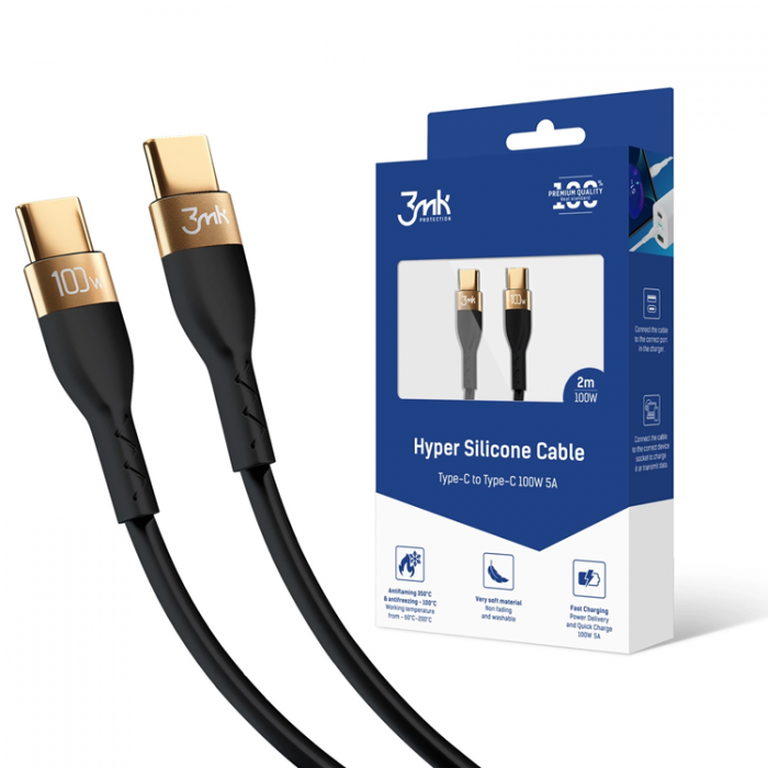 3MK - 3mK USB-C till USB-C kabel 100W 2m HyperSilikon - Svart