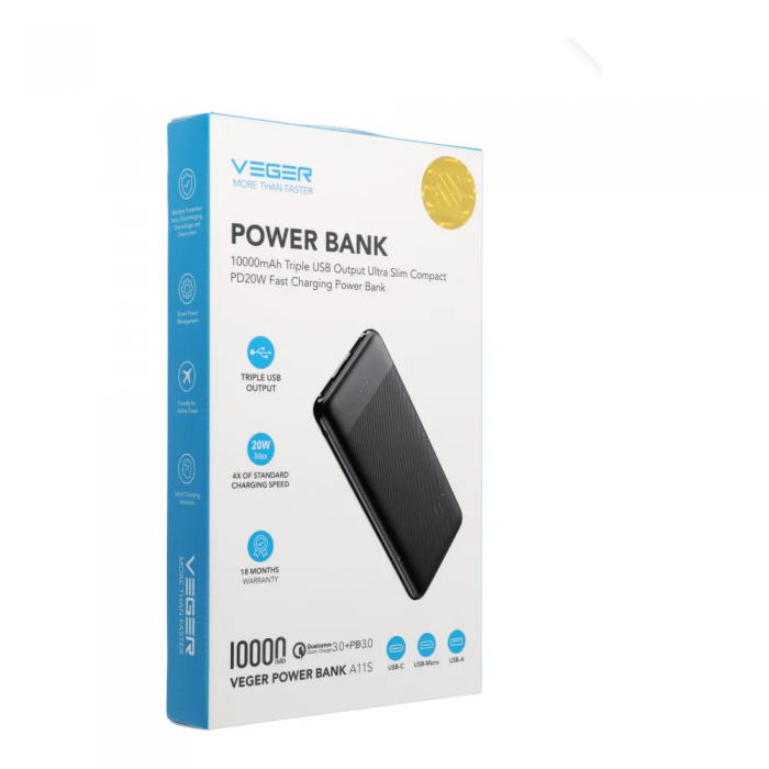 Veger - VEGER powerbank 10 000 mAh PD QC3.0 2A 20W A11S (W1133S)