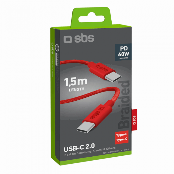 SBS - SBS USB-C - USB-C Kabel 1.5m 60W Braided - Rd