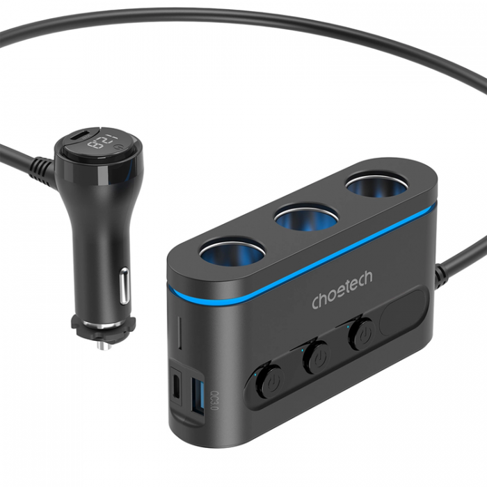 Choetech - Choetech Billaddare 2xUSB-C 1xUSB-A 3xcigarette lighter - Svart