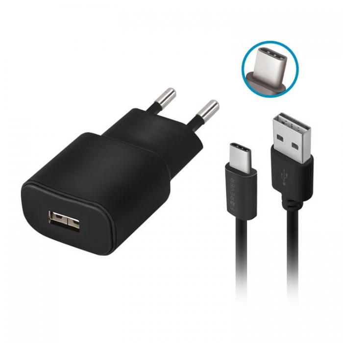 Forever - Forever Vggladdare 1x USB 2A + USB-C Kabel TC-01 - Svart