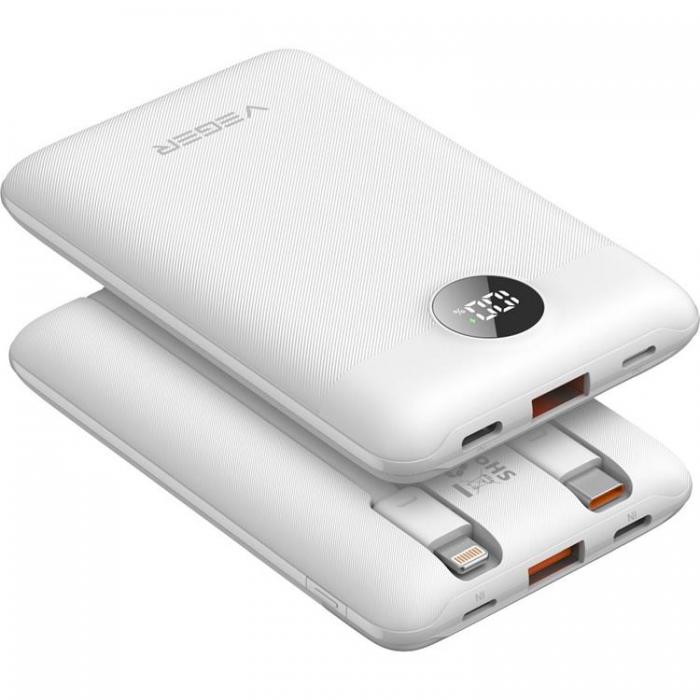 Veger - VEGER Powerbank 10000 mAh 22.5W med Lightning/Typ-C Kablar - Vit