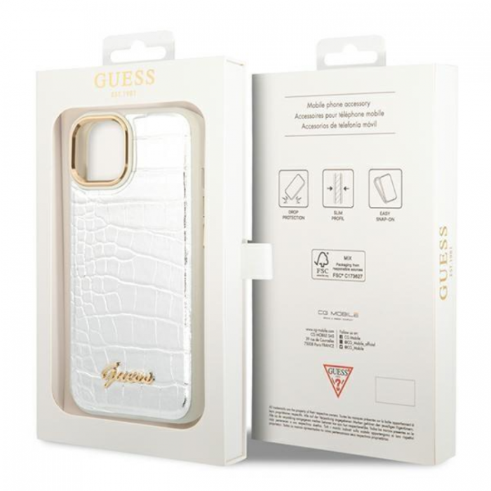 Guess - GUESS iPhone 14 Plus Skal Croco Collection - Silver