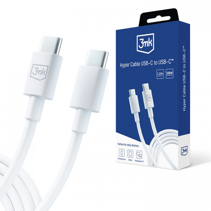 3MK - 3mK Hyper USB-C till USB-C kabel 100W 1.2m - Vit