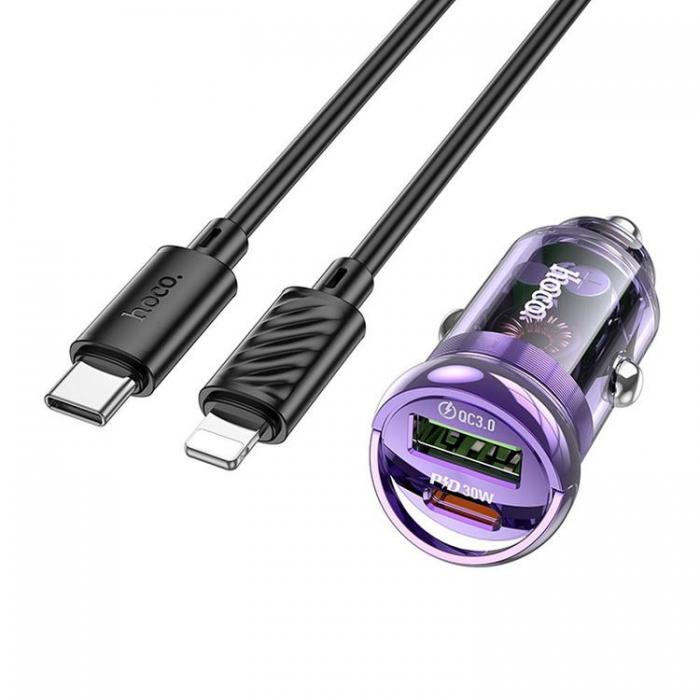 Hoco - Hoco Billaddare 30W USB-A/Typ-C + Kabel Typ-C Till Lightning - Lila