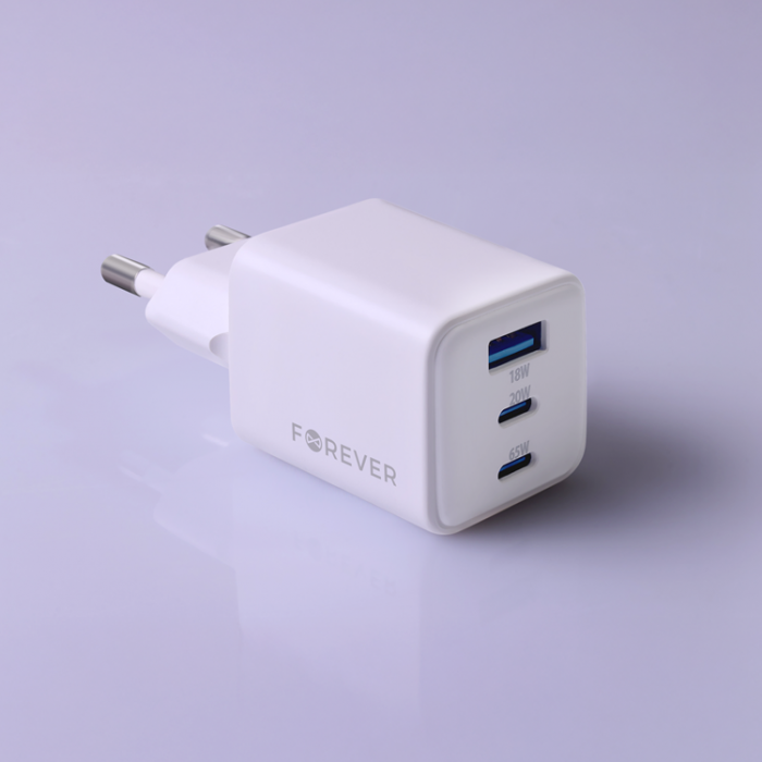 Forever - Forever Snabbladdare USB-A - 2x USB-C 65W GaN PD QC - Vit