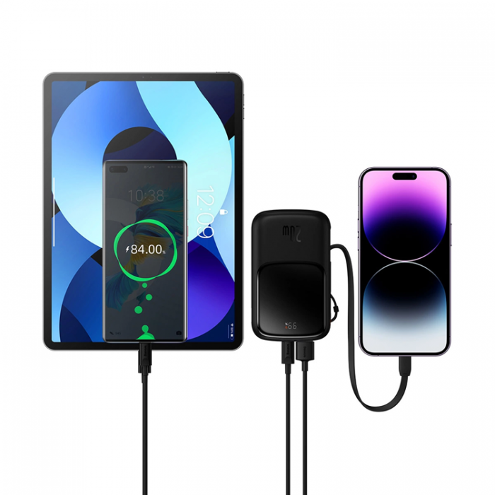 BASEUS - Baseus Powerbank Qpow 10000mAh 20W med Inbyggd Lightning Kabel - Svart