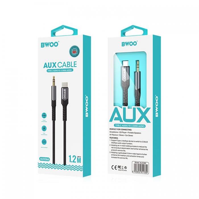 BWOO - BWOO USB-C till Aux Ljudkabel 3.5mm 1.2m - Svart