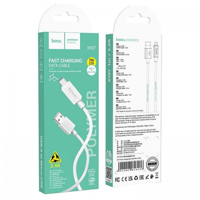 Hoco - HOCO USB Till MicroUSB 1m Kabel 2.4A X107 - Vit