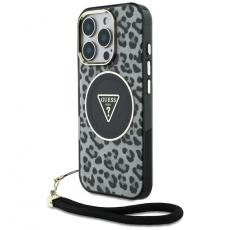 Guess - Guess iPhone 16 Pro Mobilskal MagSafe IML Leopard Triangle Cord Strap - Svart