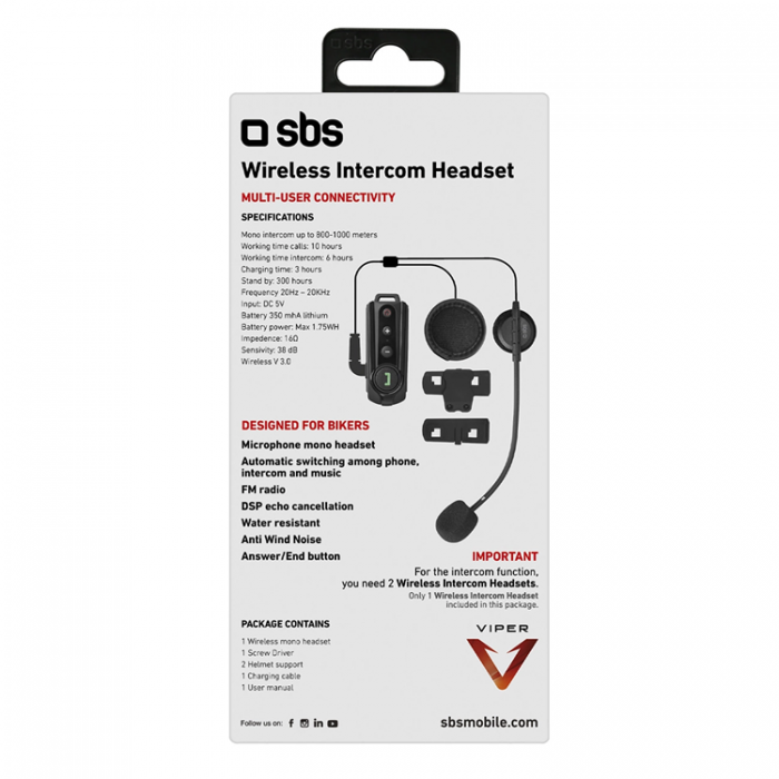 SBS - SBS Trdlst Intercom Headset fr Motorcyklister - Svart