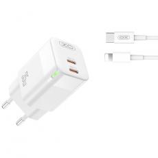 XO - XO Snabbladdare 35W 2x USB-C med Lightning Kabel CE07 PD Vit