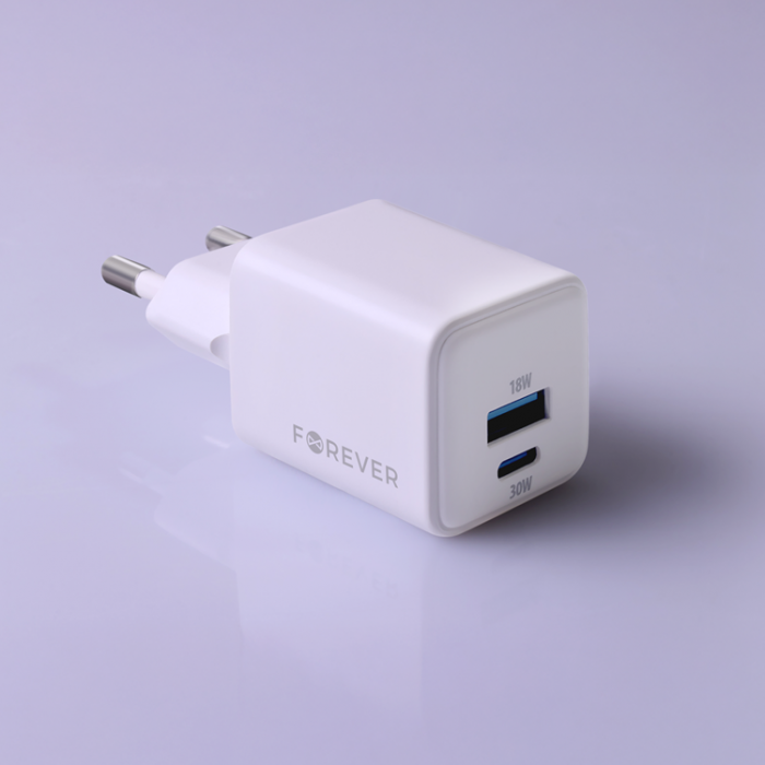 Forever - Forever Snabbladdare USB-A - USB-C 30W GaN PD QC - Vit