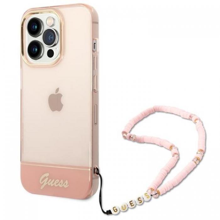 Guess - GUESS iPhone 14 Pro Skal Translucent Pearl Strap - Rosa