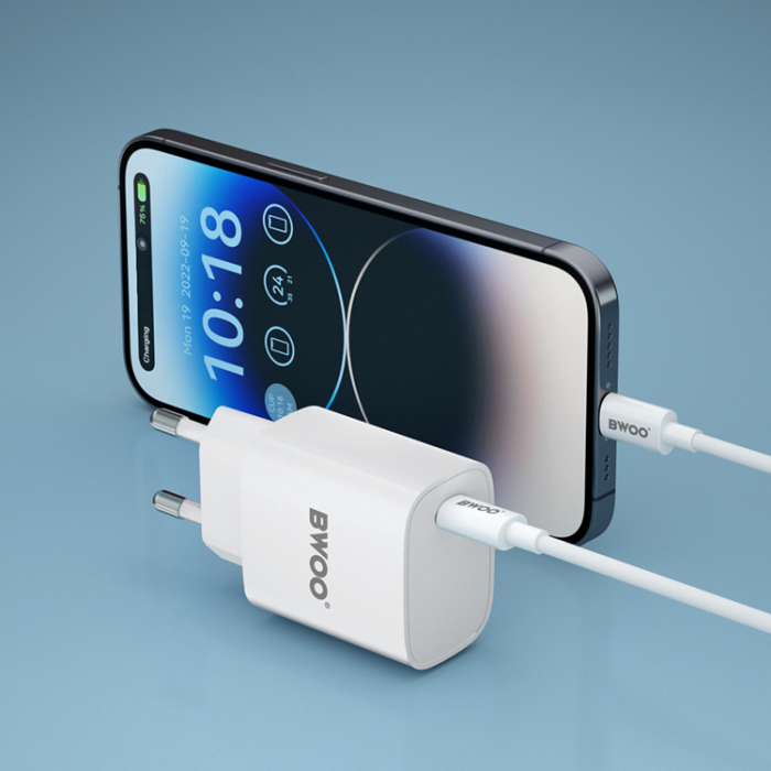 BWOO - BWOO Vggladdare 20W + Kabel USB-C Till Lightning 1m - Vit