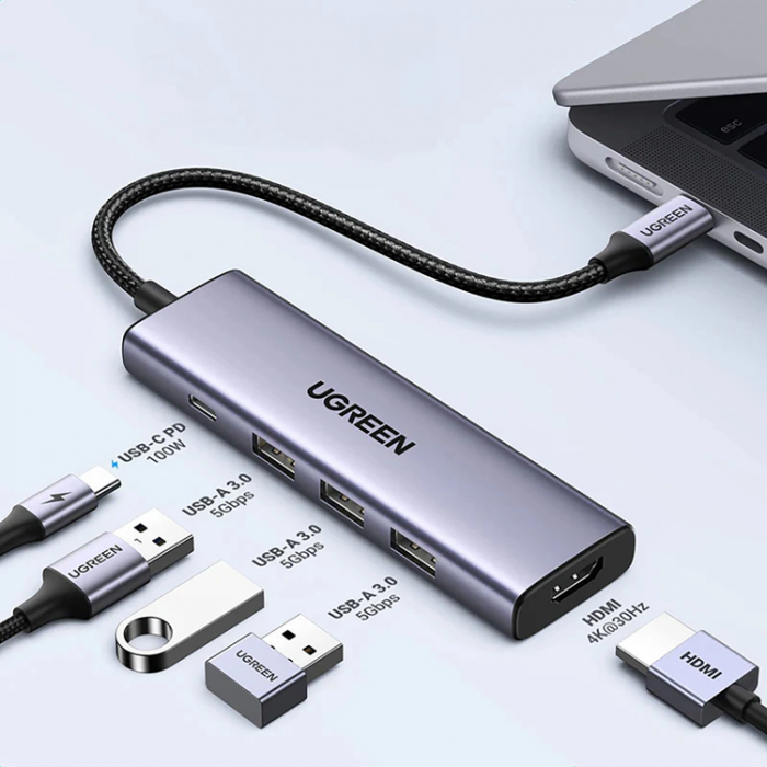 Ugreen - Ugreen 5in1 HUB USB-C Till 1xUSB-C 1xHDMI 3xUSB-A 3.0 - Gr